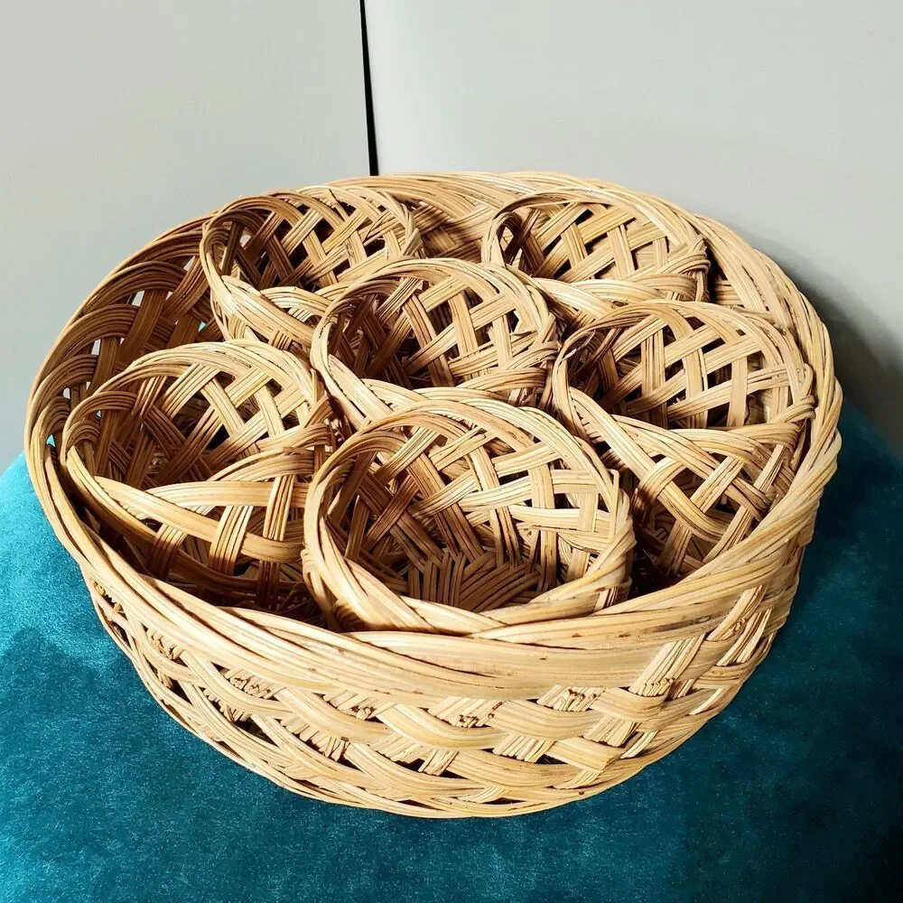 Vintage Wicker Rattan Drink Server Set Basket Tray Cup Holders 7 Piece MCM Party